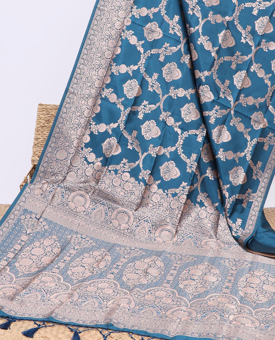 Blue jacquard butter silk saree, floral creeper design border & pallu of zari intricate floral designs