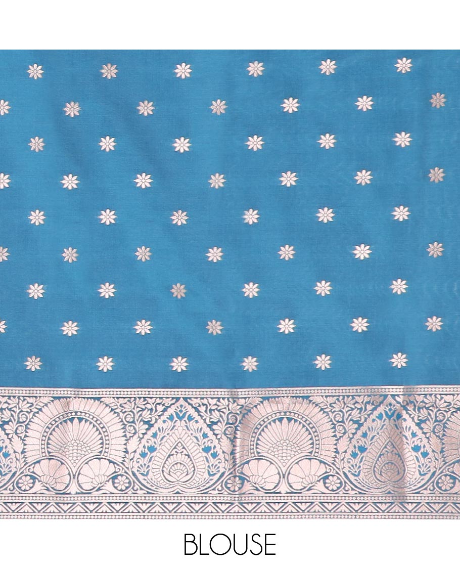 Blue jacquard butter silk saree, floral creeper design border & pallu of zari intricate floral designs