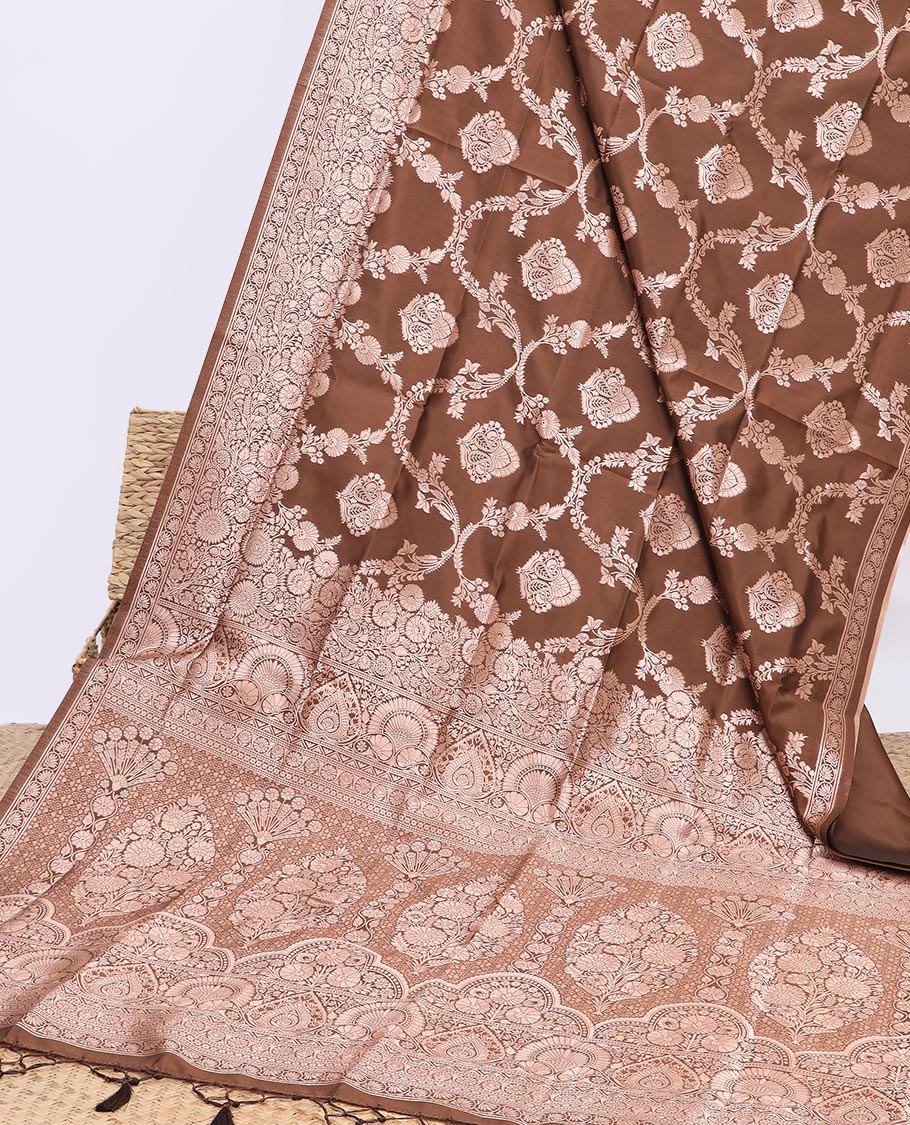 Brown jacquard butter silk saree, floral creeper design border & pallu of zari intricate floral designs