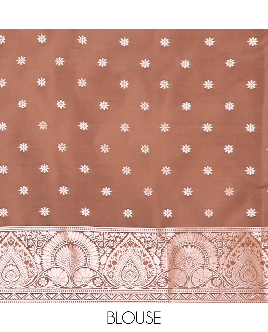 Brown jacquard butter silk saree, floral creeper design border & pallu of zari intricate floral designs