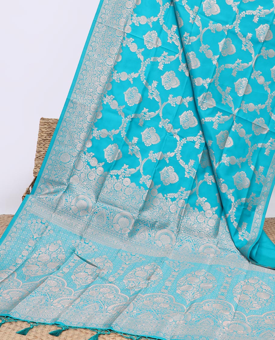 Blue jacquard butter silk saree, floral creeper design border & pallu of zari intricate floral designs
