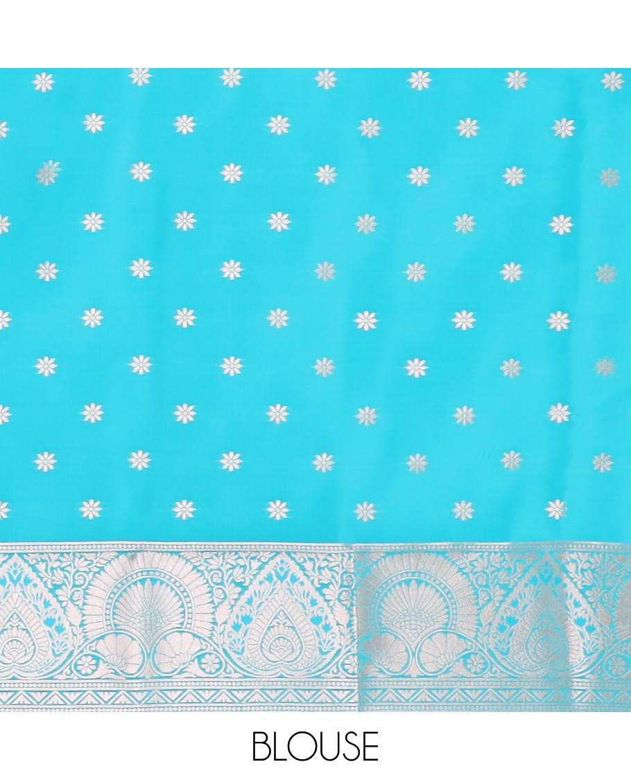 Blue jacquard butter silk saree, floral creeper design border & pallu of zari intricate floral designs