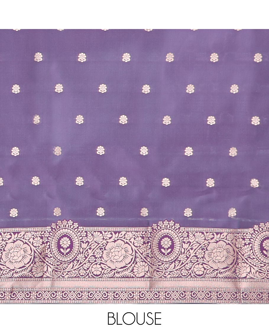 Celeste blue butter silk saree with zari buttas, contrast floral creeper design border & pallu of zari intricate designs