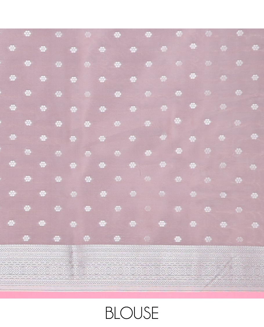 Pink floral jacquard butter silk saree, contrast traditional design border & pallu of floral designs
