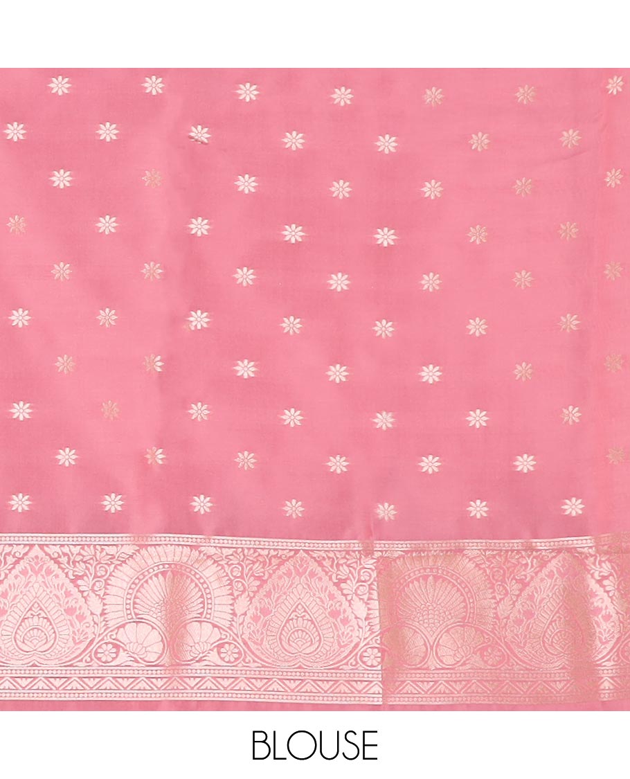 Pink jacquard butter silk saree, floral creeper design border & pallu of zari intricate floral designs
