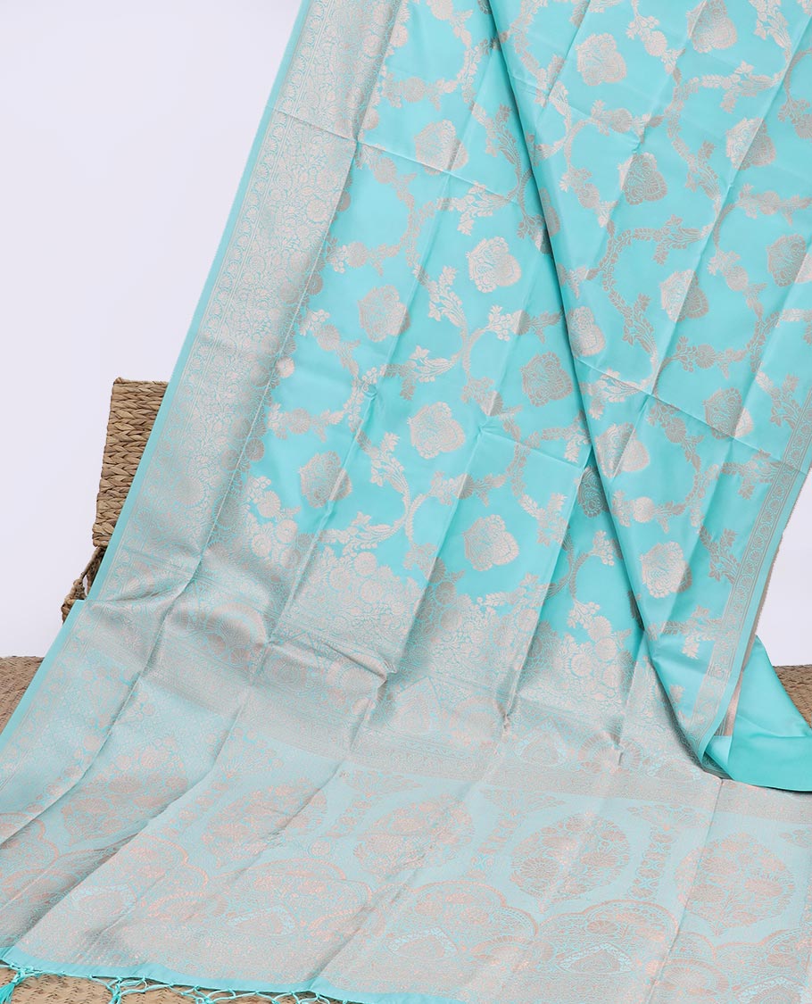 Blue jacquard butter silk saree, floral creeper design border & pallu of zari intricate floral designs