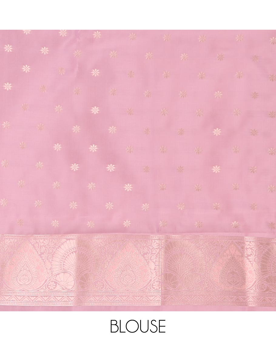 Pink jacquard butter silk saree, floral creeper design border & pallu of zari intricate floral designs
