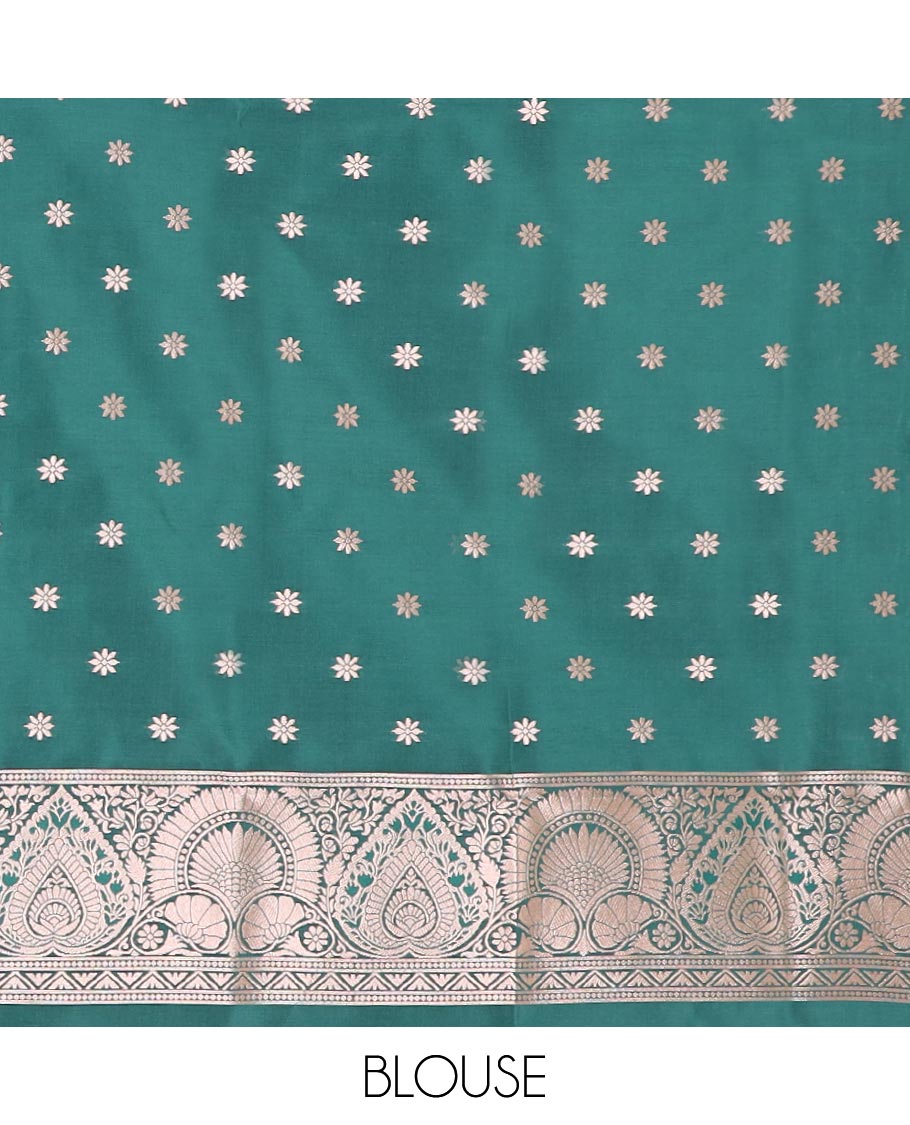 Green jacquard butter silk saree, floral creeper design border & pallu of zari intricate floral designs