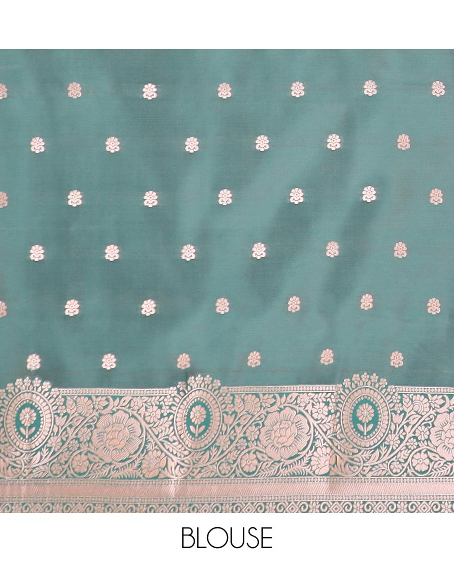 Orange butter silk saree with buttas, contrast floral creeper design border & pallu of intricate designs
