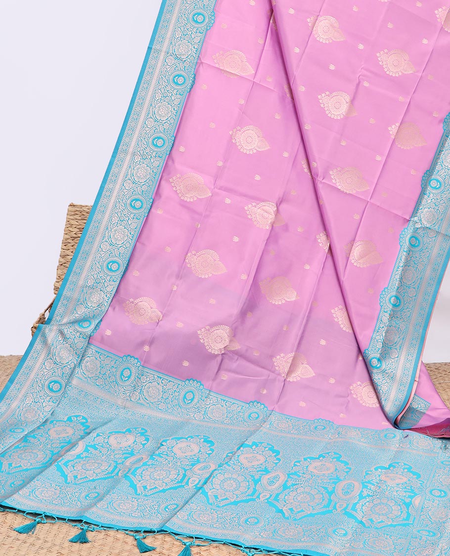 Pink butter silk saree with buttas, contrast floral creeper design border & pallu of intricate designs