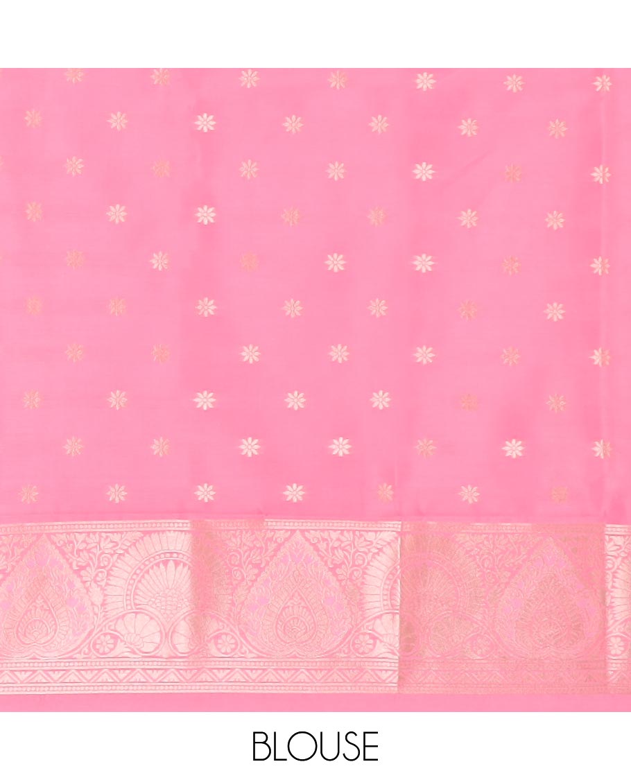 Pink jacquard butter silk saree, floral creeper design border & pallu of zari intricate floral designs