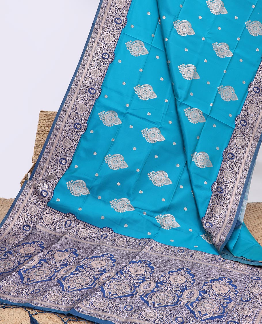 Blue butter silk saree with buttas, contrast floral creeper design border & pallu of intricate designs