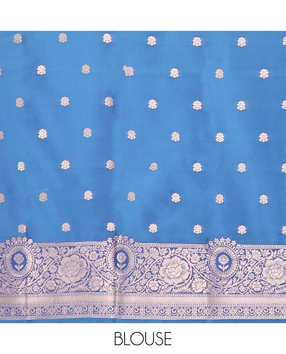 Blue butter silk saree with buttas, contrast floral creeper design border & pallu of intricate designs