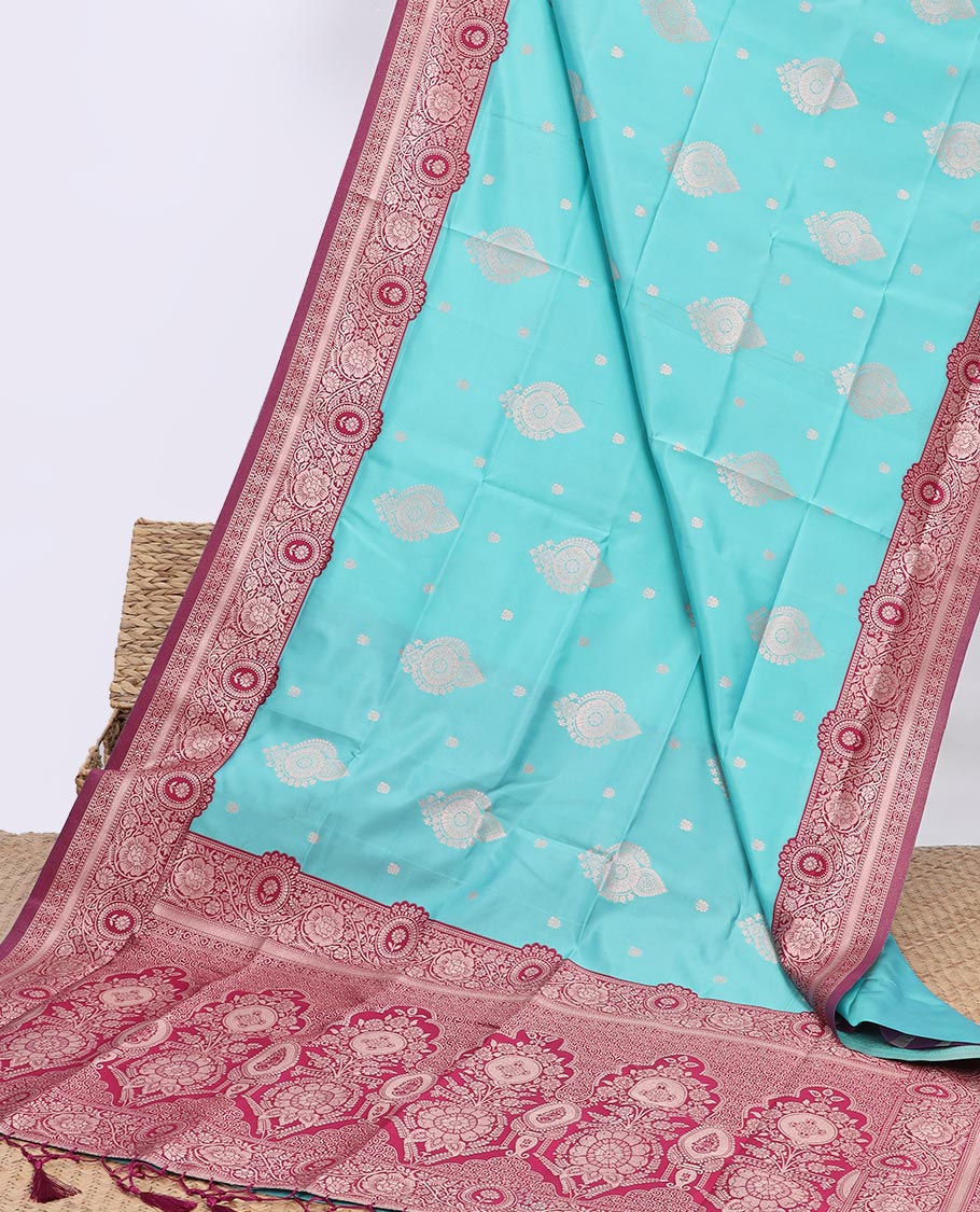 Blue butter silk saree with buttas, contrast floral creeper design border & pallu of intricate designs