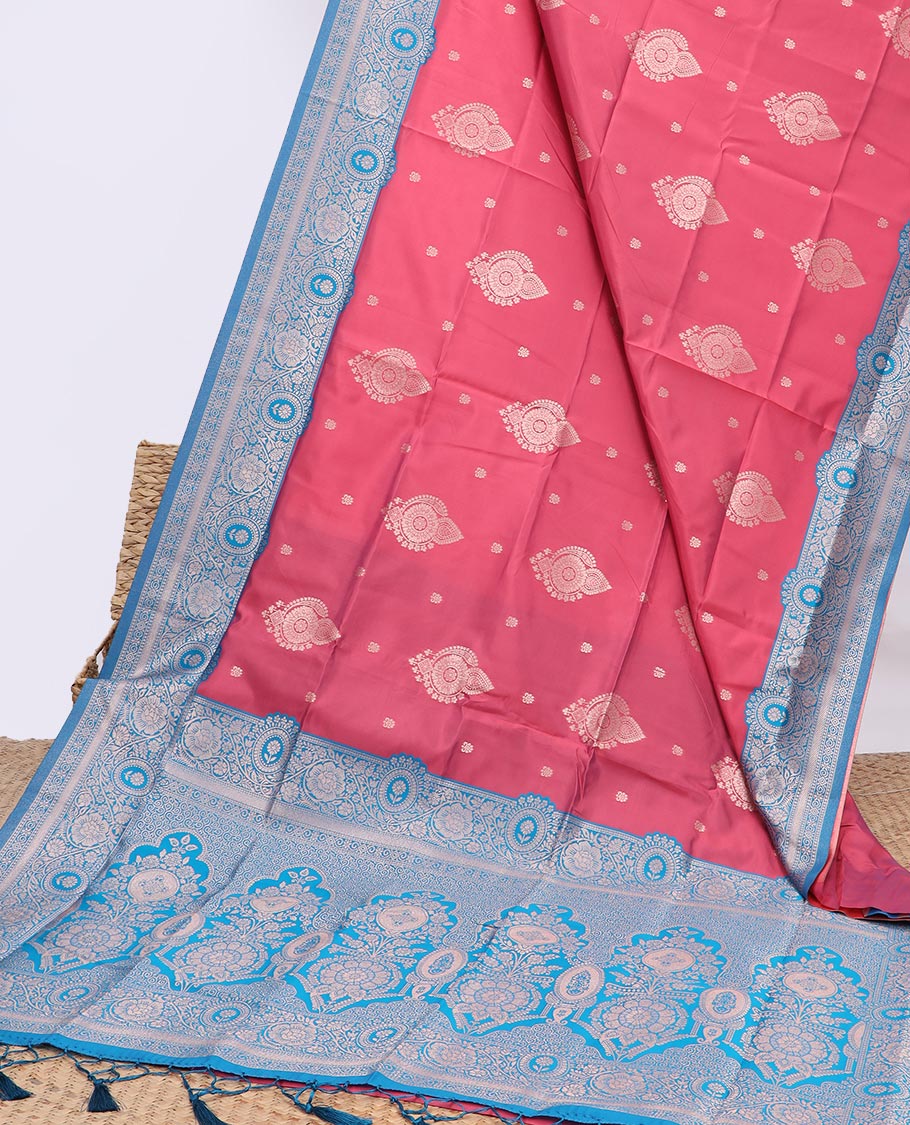 Pink butter silk saree with buttas, contrast floral creeper design border & pallu of intricate designs