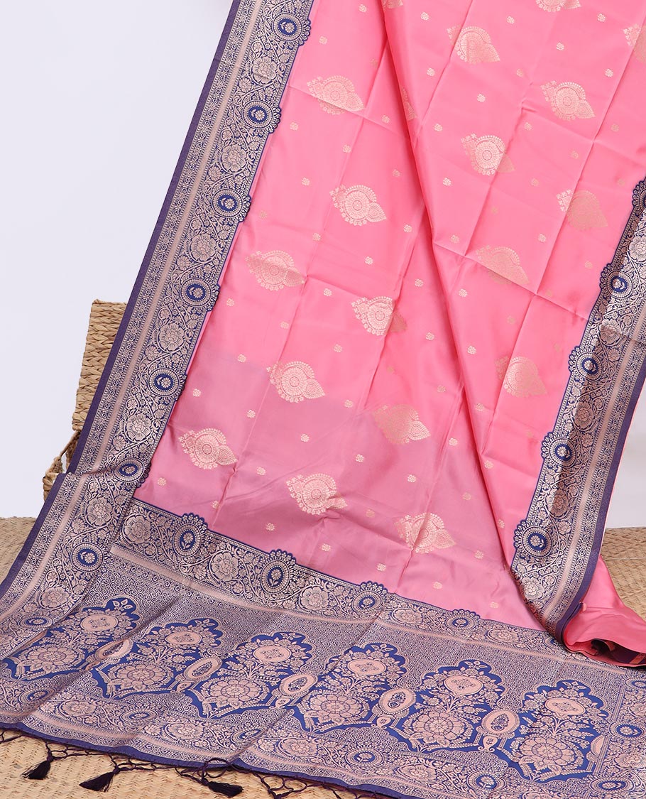 Pink butter silk saree with buttas, contrast floral creeper design border & pallu of intricate designs