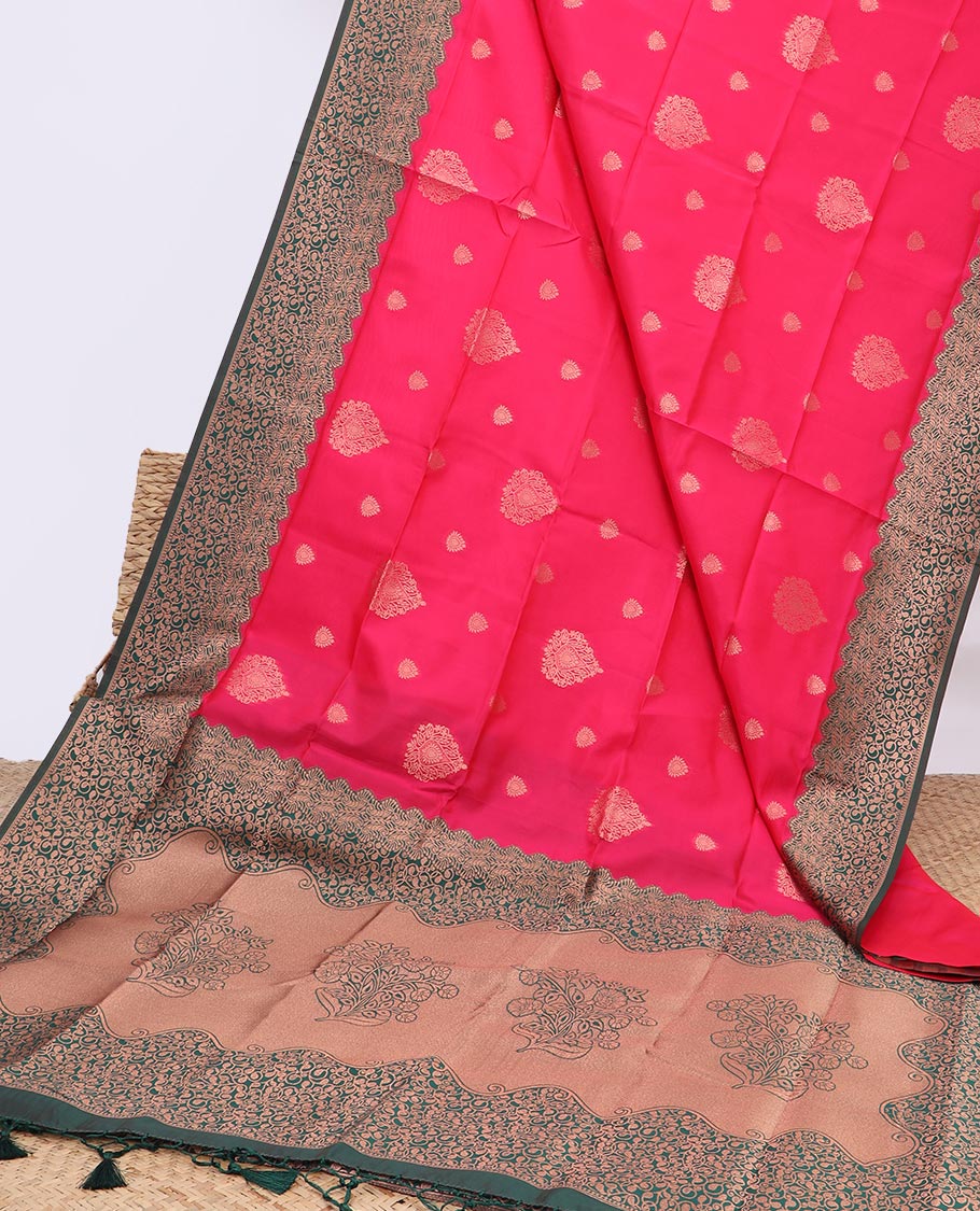 Dark pink butter silk saree with buttas, contrast floral design border & pallu of intricate designs