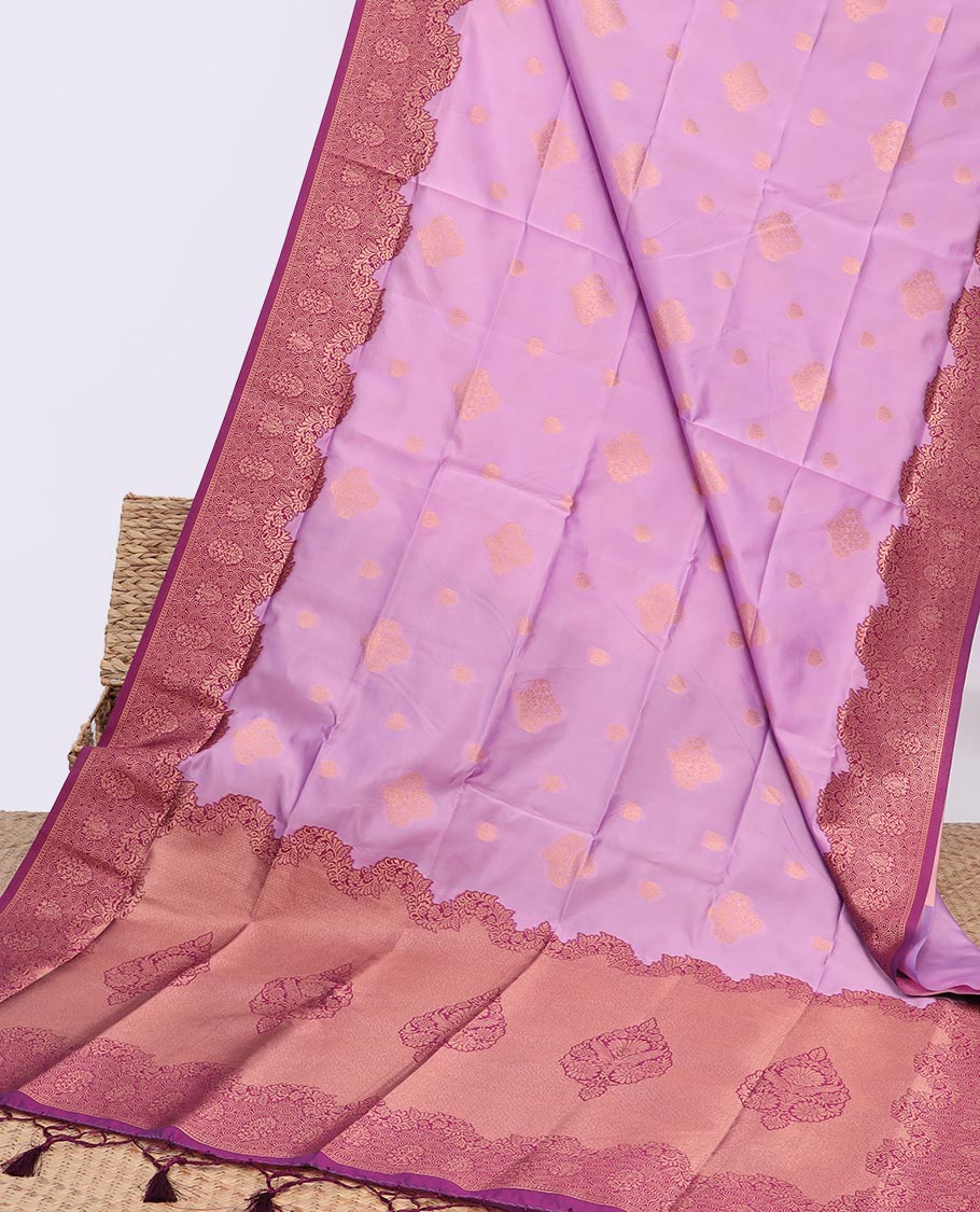 Pink butter silk saree with buttas, contrast floral design border & pallu of intricate designs