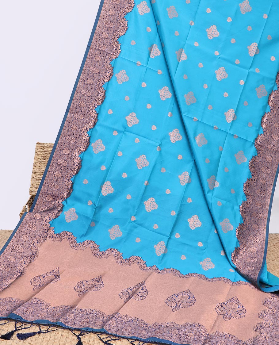 Blue butter silk saree with buttas, contrast floral design border & pallu of intricate designs