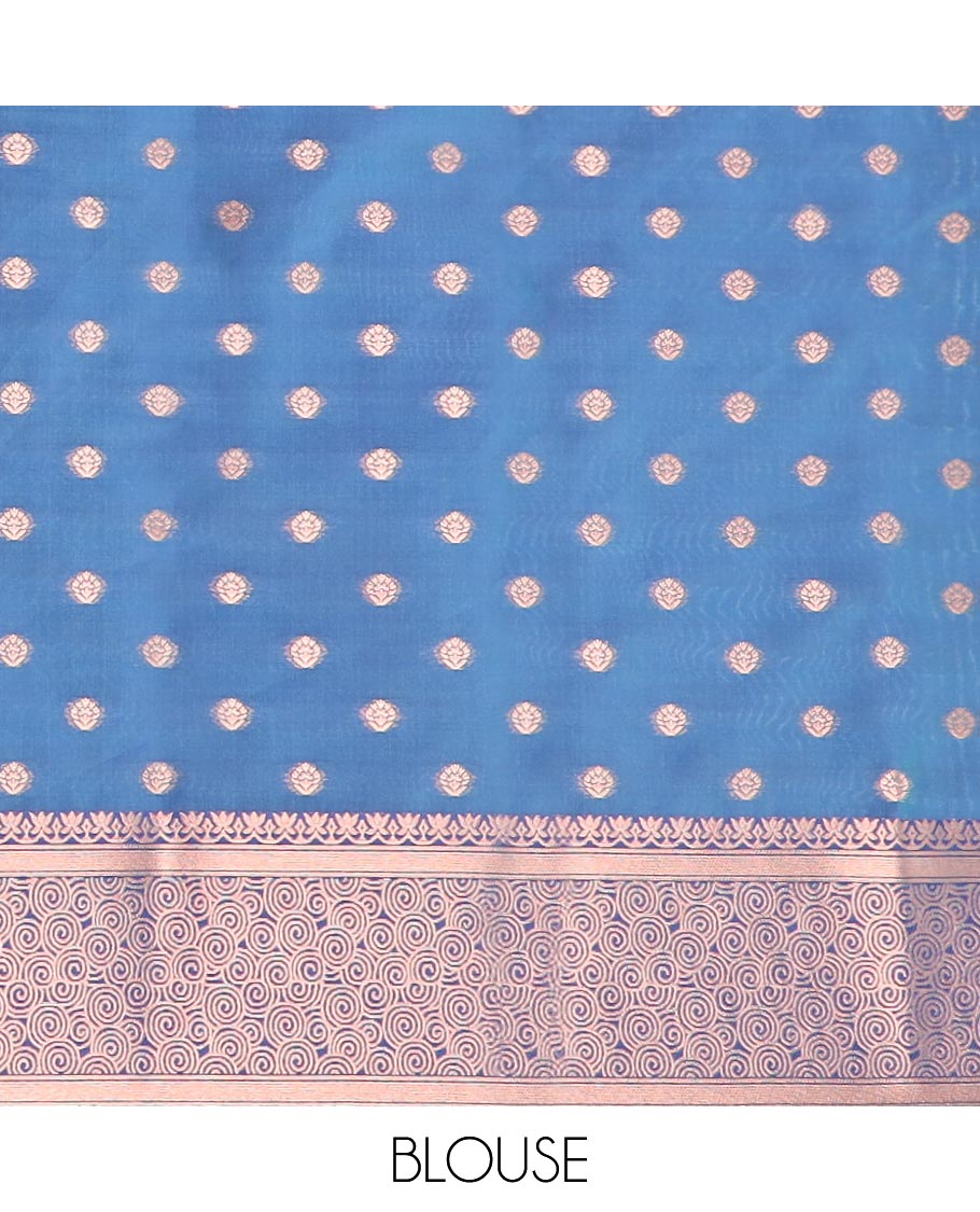 Blue butter silk saree with buttas, contrast floral design border & pallu of intricate designs