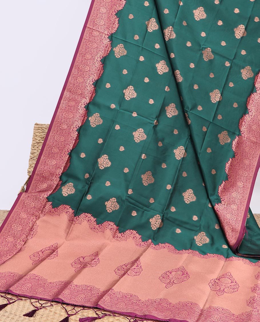 Green butter silk saree with buttas, contrast floral design border & pallu of intricate designs
