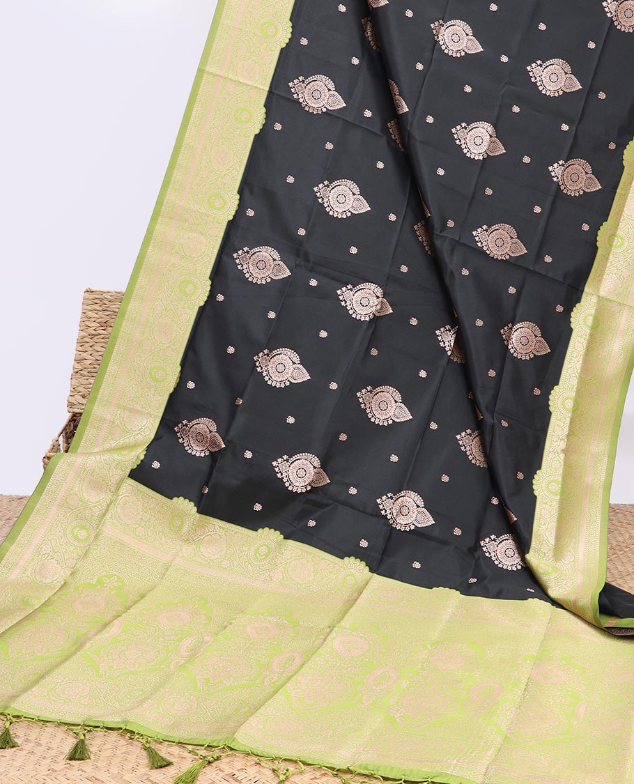 Black butter silk saree with buttas, contrast floral creeper design border & pallu of intricate designs