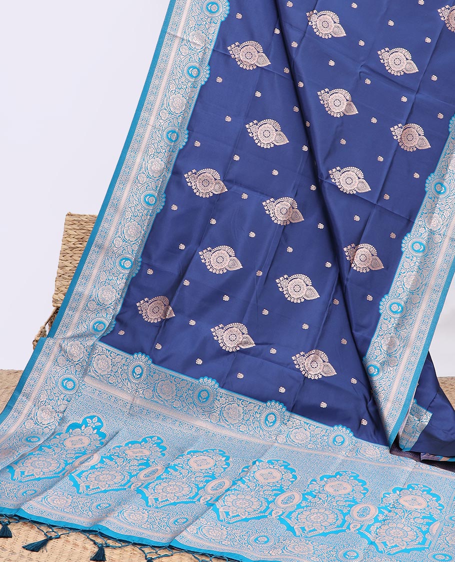 Blue butter silk saree with buttas, contrast floral creeper design border & pallu of intricate designs