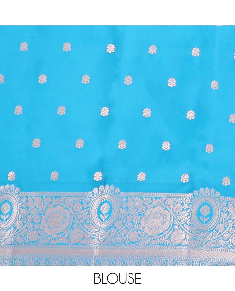 Blue butter silk saree with buttas, contrast floral creeper design border & pallu of intricate designs