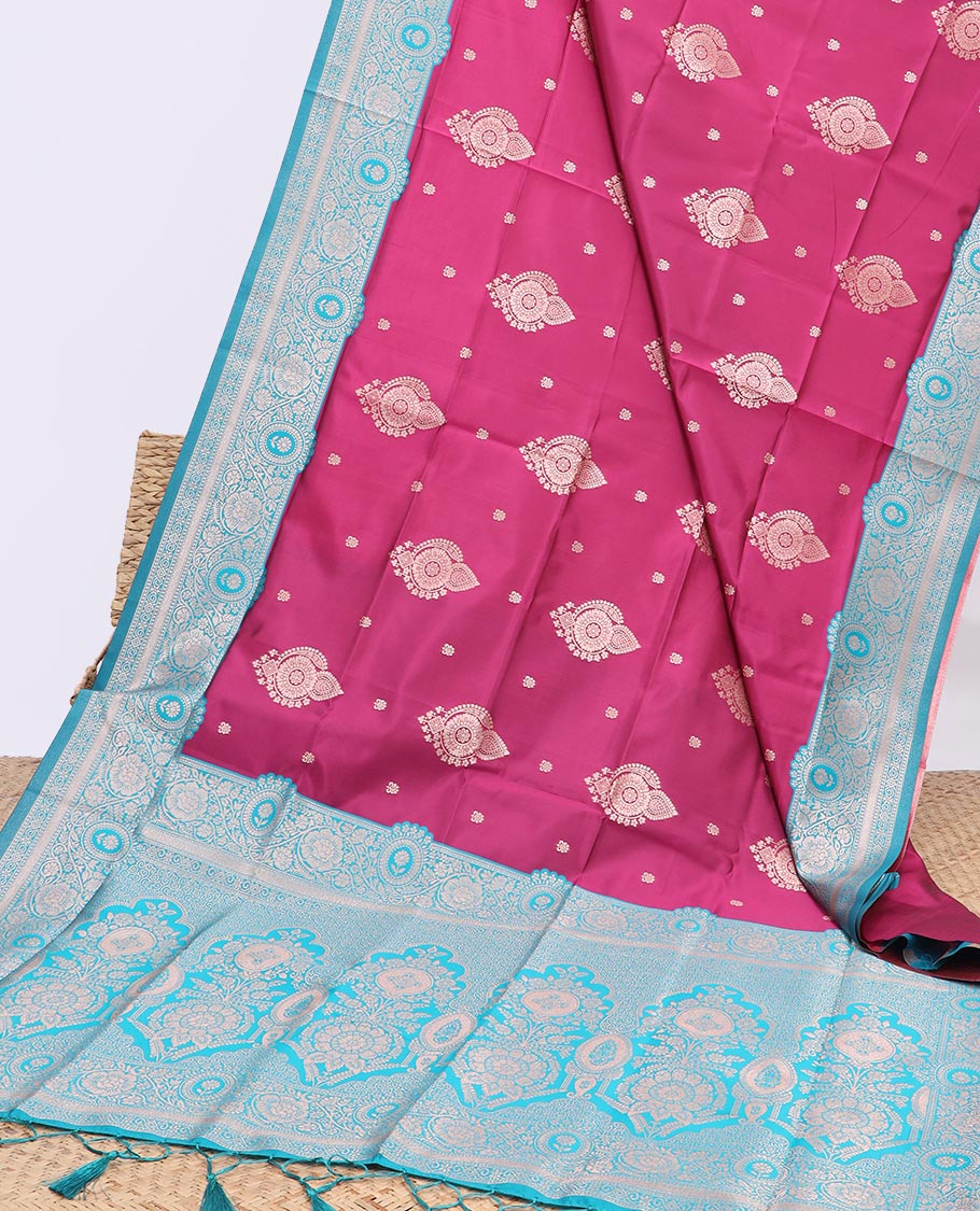 Purple butter silk saree with buttas, contrast floral creeper design border & pallu of intricate designs