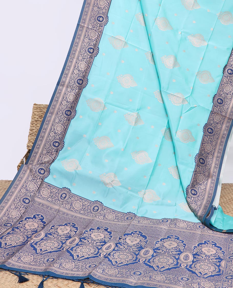 Light blue butter silk saree with buttas, contrast floral creeper design border & pallu of intricate designs