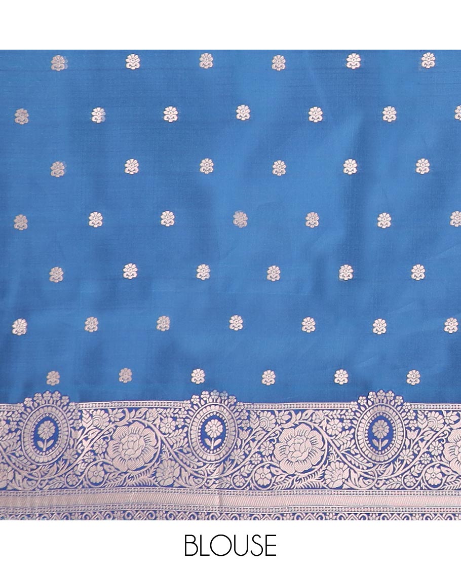 Light blue butter silk saree with buttas, contrast floral creeper design border & pallu of intricate designs