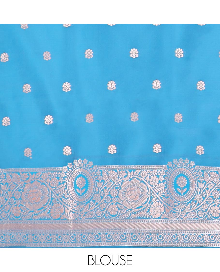 Orange butter silk saree with buttas, contrast floral creeper design border & pallu of intricate designs