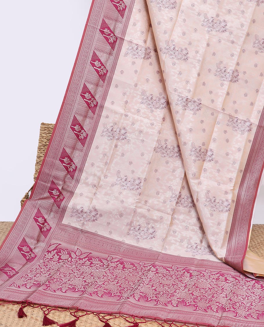 Sandal floral jacquard butter silk saree, contrast traditional design border & pallu of floral designs