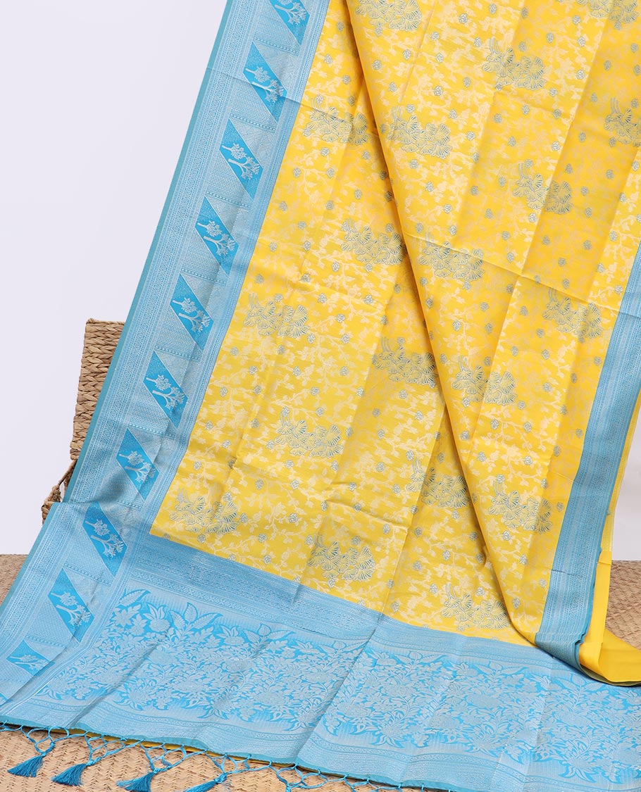 Yellow floral jacquard butter silk saree, contrast traditional design border & pallu of floral designs