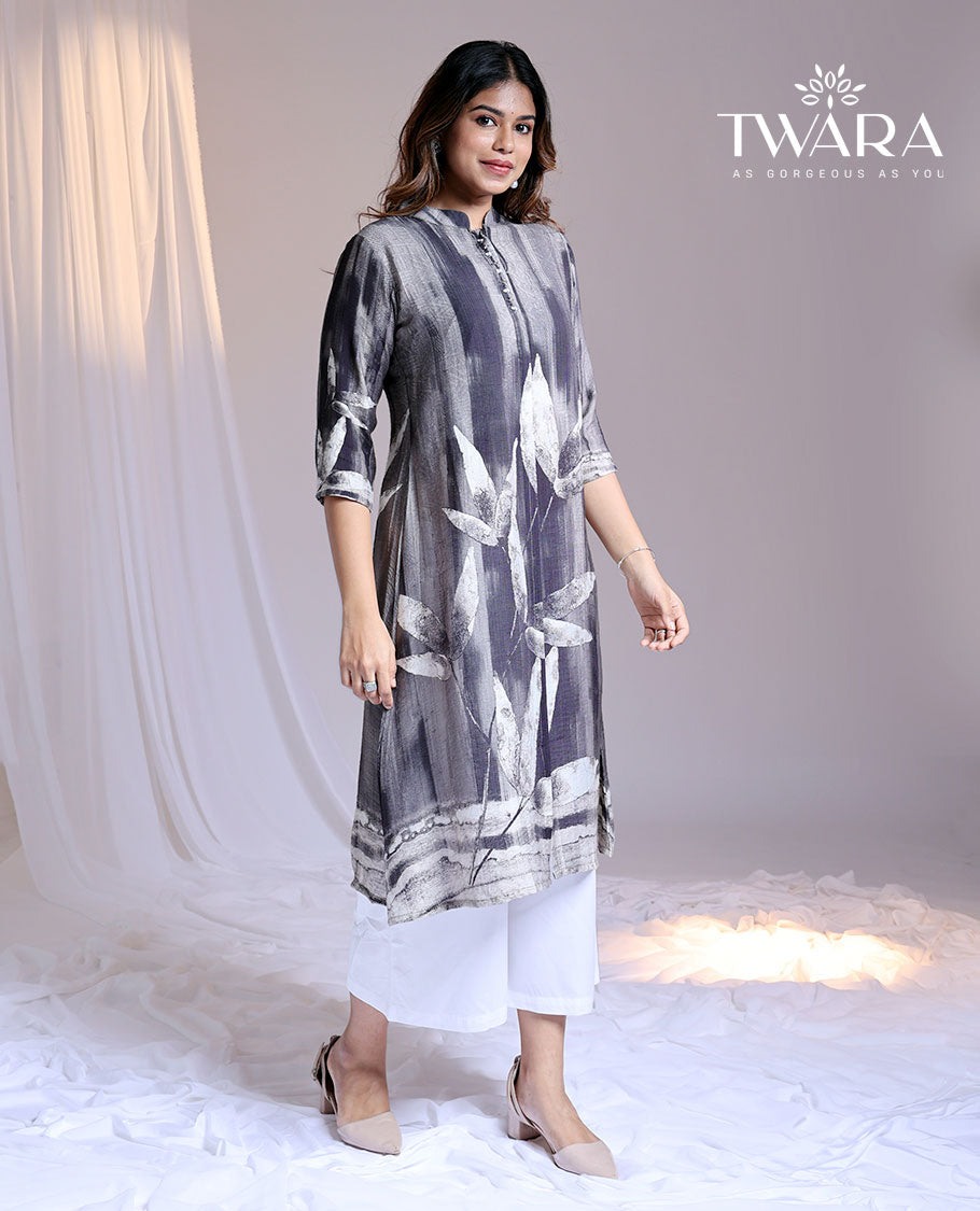 Twara grey abstract floral printed Chinese Collar & 3/4th sleeve below-knee cotton kurti