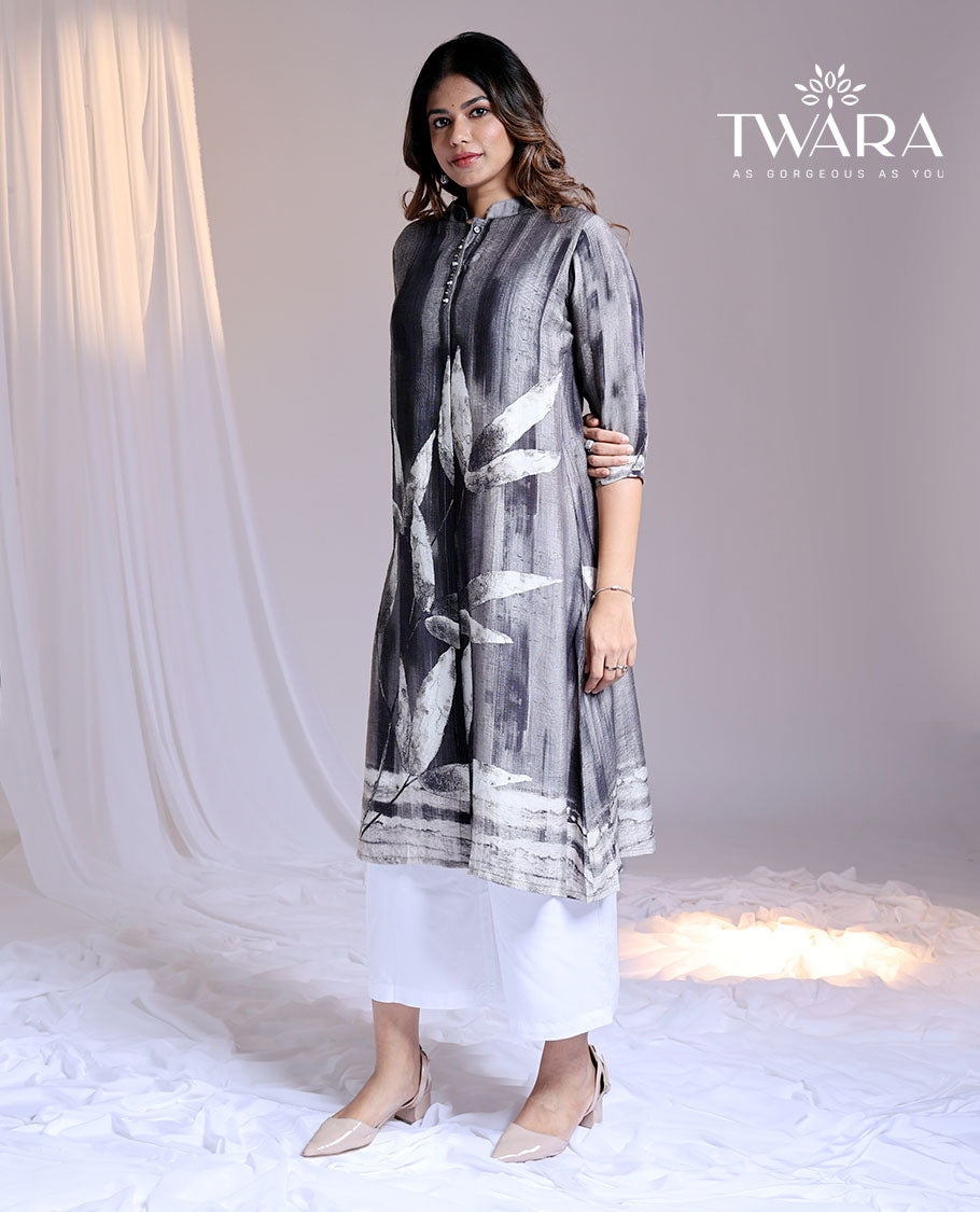 Twara grey abstract floral printed Chinese Collar & 3/4th sleeve below-knee cotton kurti