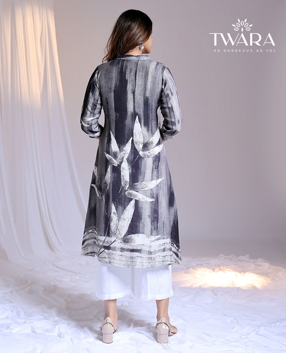 Twara grey abstract floral printed Chinese Collar & 3/4th sleeve below-knee cotton kurti