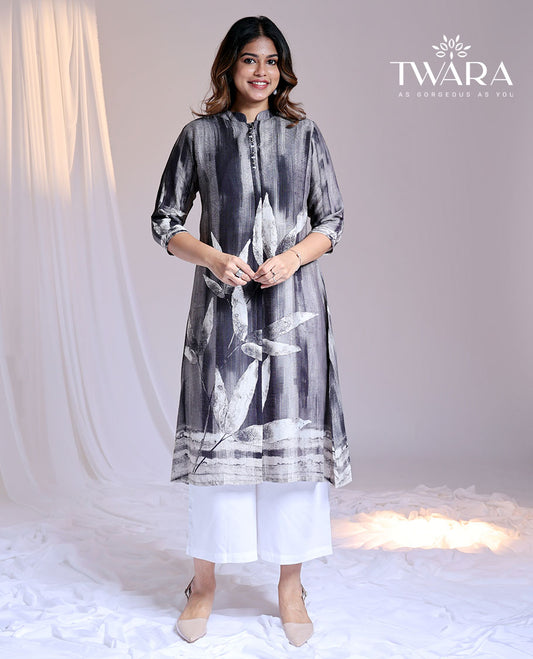 Twara grey abstract floral printed Chinese Collar & 3/4th sleeve below-knee cotton kurti