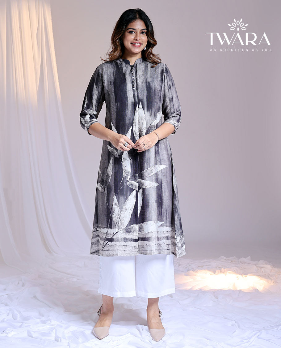 Twara grey abstract floral printed Chinese Collar & 3/4th sleeve below-knee cotton kurti