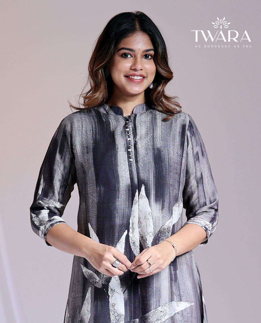 Twara grey abstract floral printed Chinese Collar & 3/4th sleeve below-knee cotton kurti