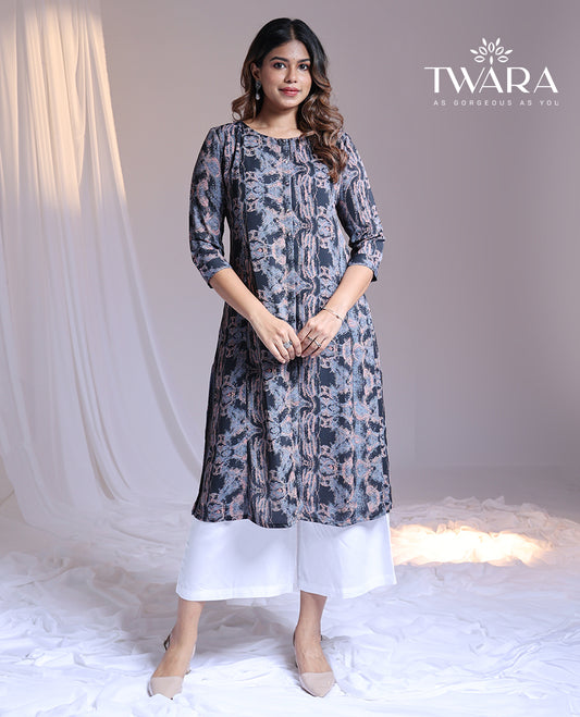 Twara blue abstract printed round-neck 3/4th sleeve below-knee kurti