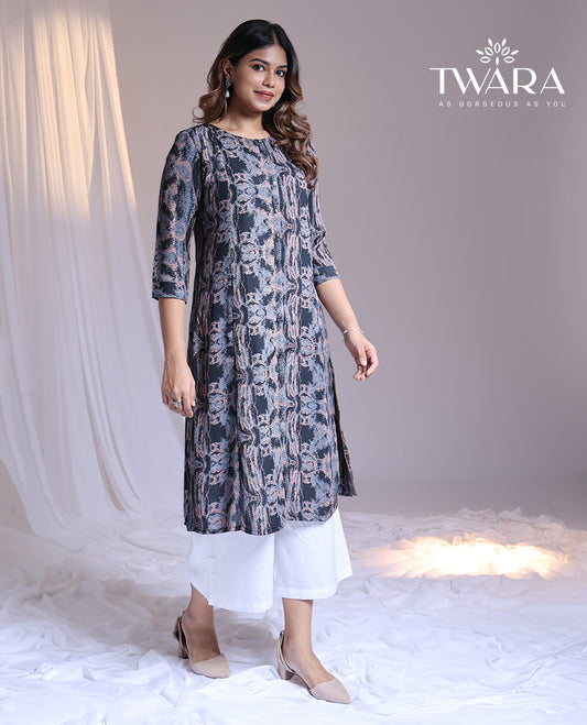 Twara blue abstract printed round-neck 3/4th sleeve below-knee kurti