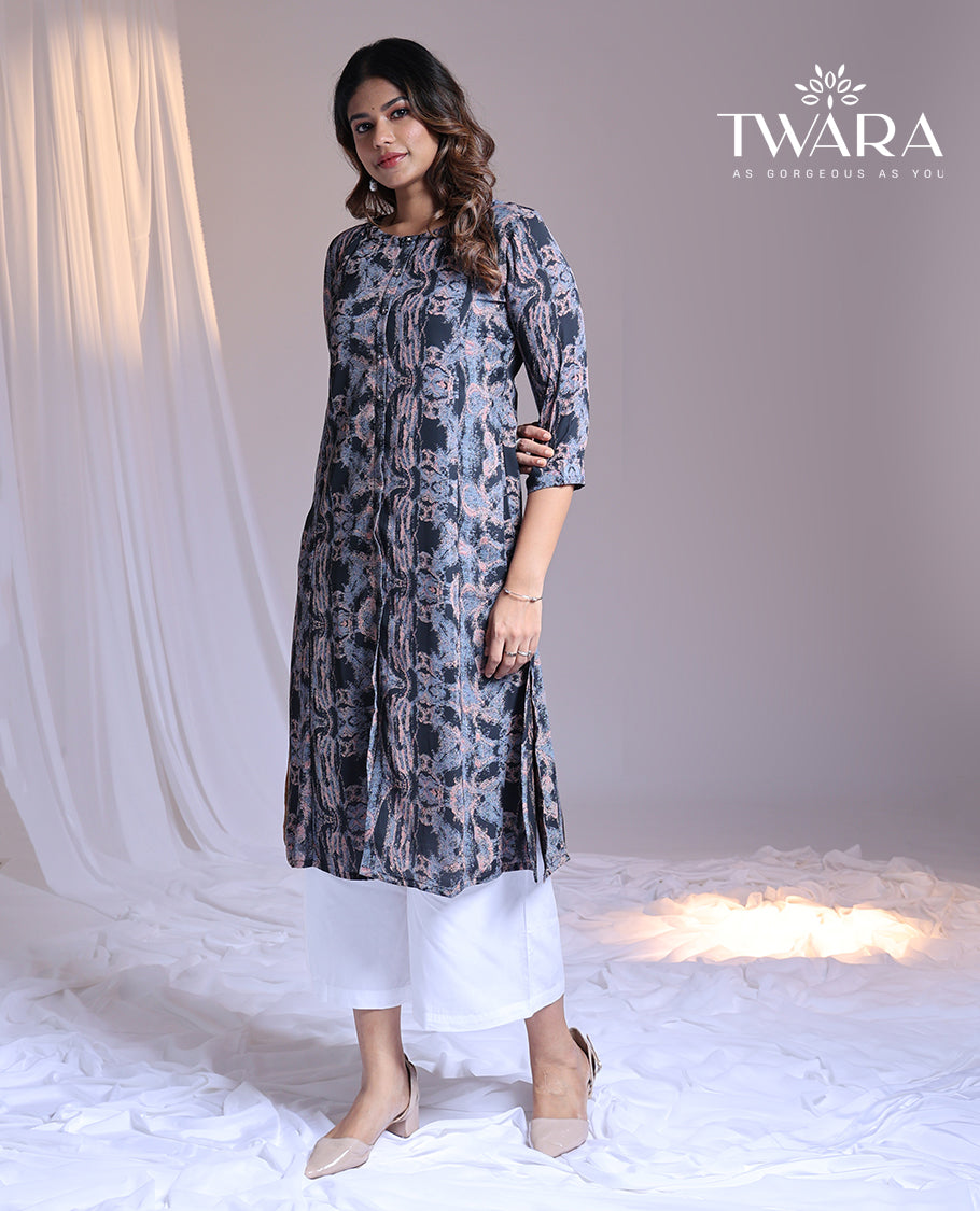 Twara blue abstract printed round-neck 3/4th sleeve below-knee kurti