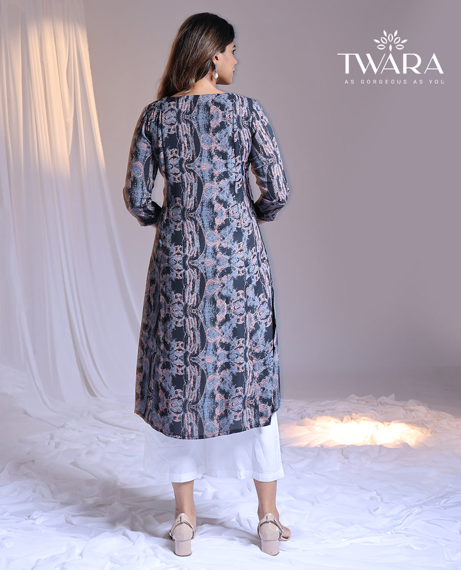 Twara blue abstract printed round-neck 3/4th sleeve below-knee kurti