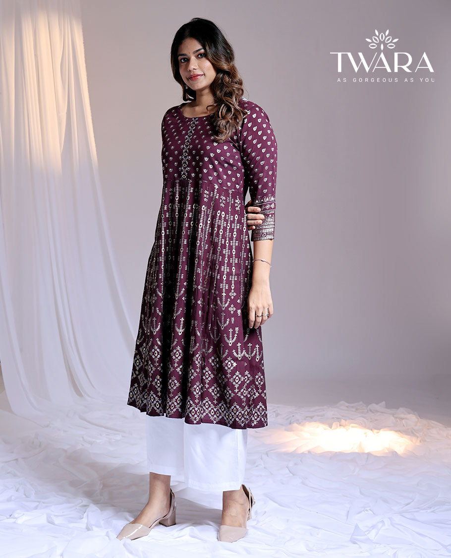 Twara maroon intricately designed round-neck & 3/4th sleeve below-knee kurti