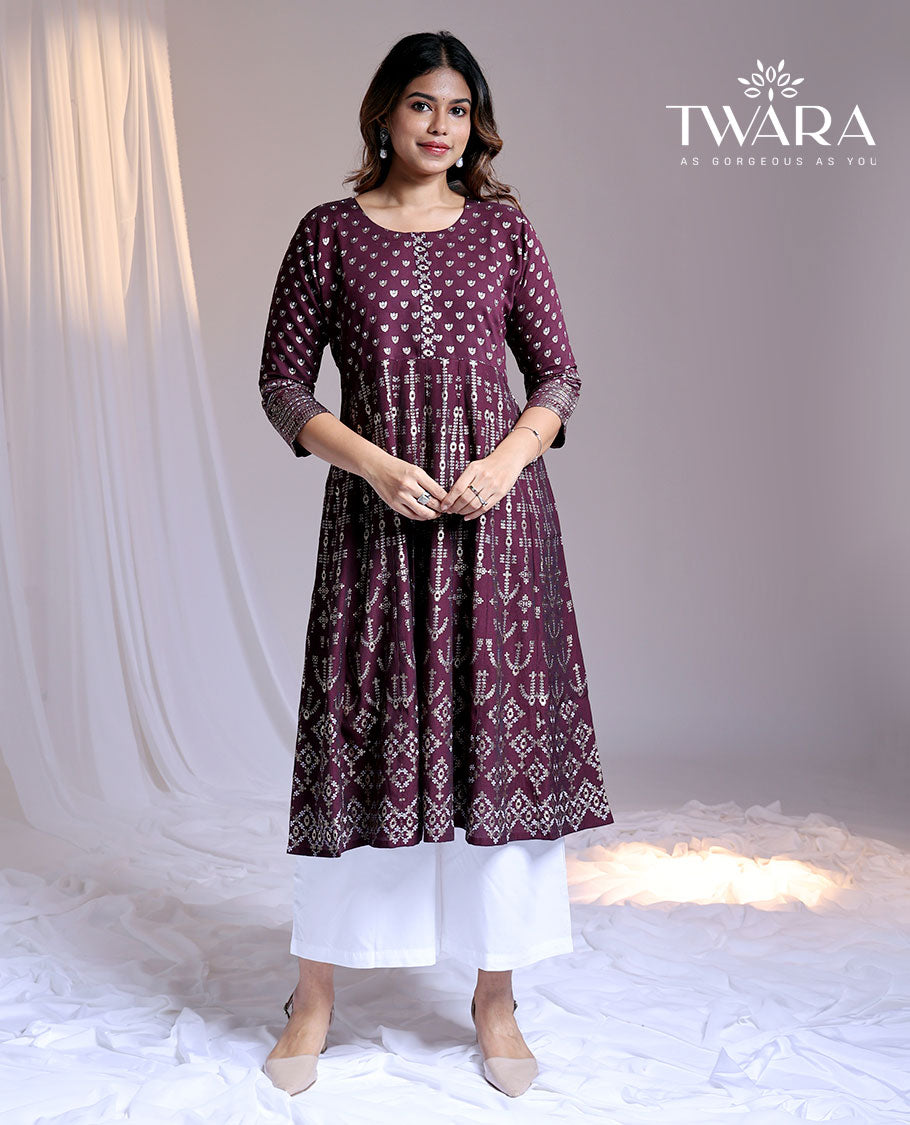 Twara maroon intricately designed round-neck & 3/4th sleeve below-knee kurti