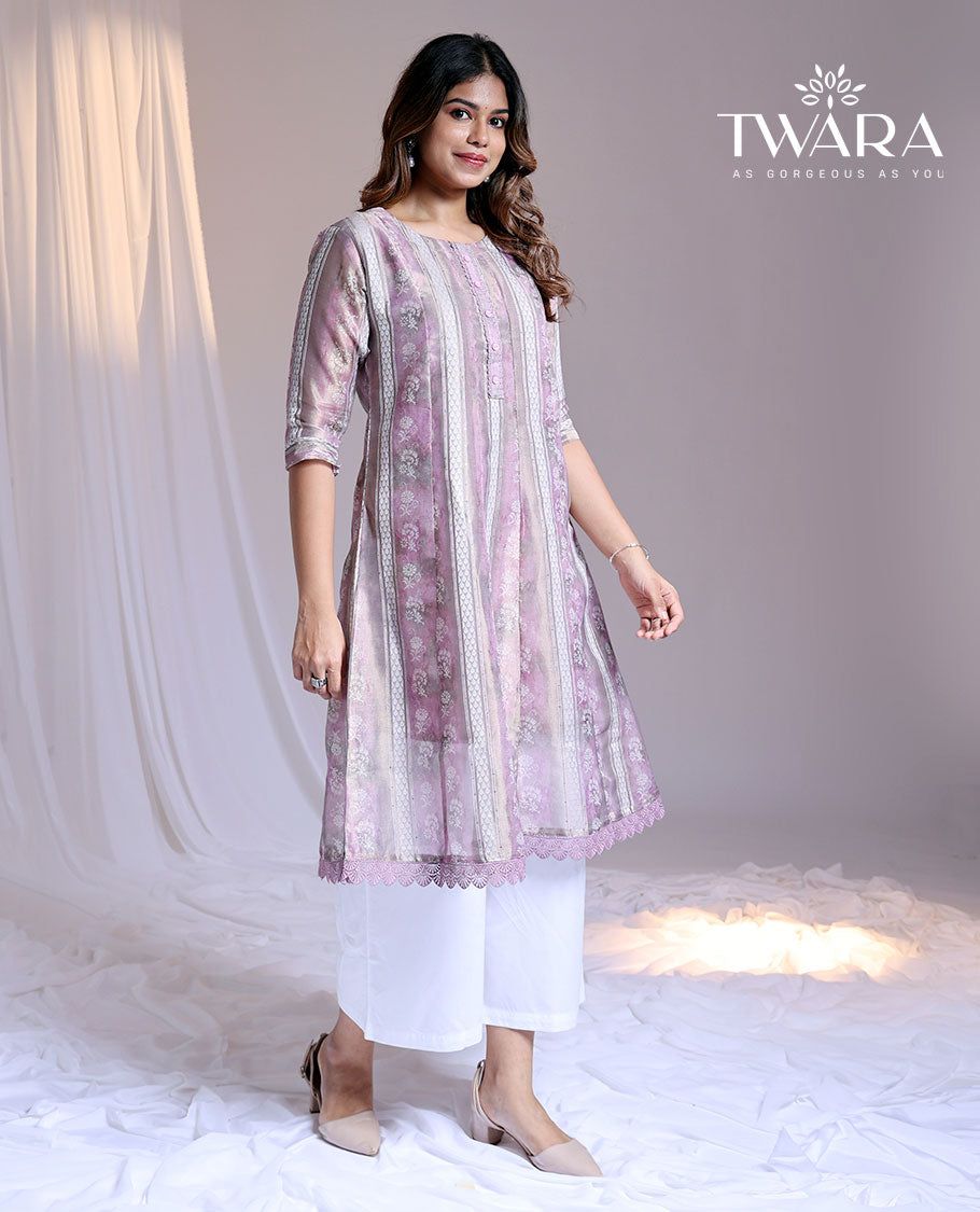 Twara pink intricate floral printed round-neck & 3/4th sleeve below-knee kurti