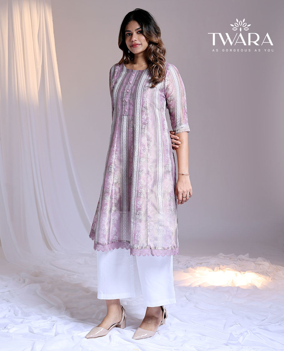 Twara pink intricate floral printed round-neck & 3/4th sleeve below-knee kurti