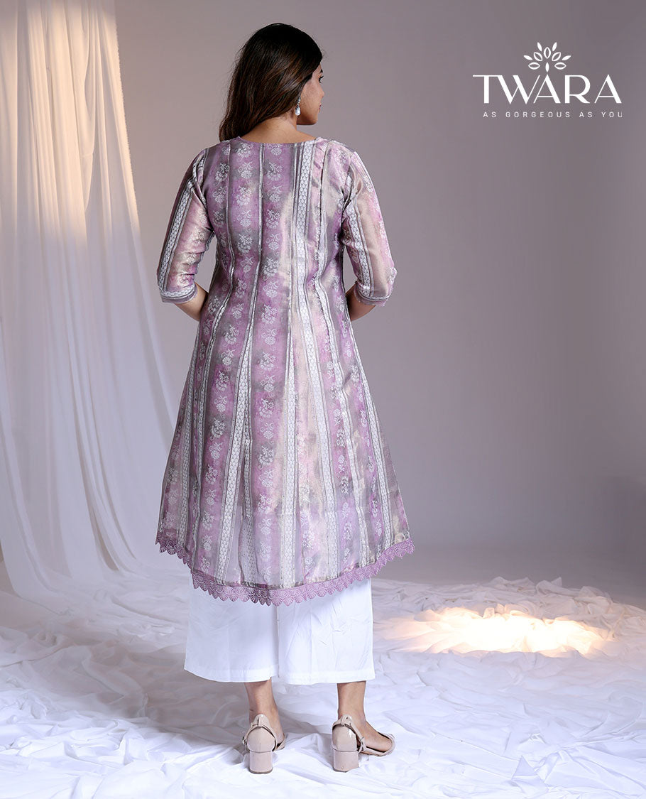 Twara pink intricate floral printed round-neck & 3/4th sleeve below-knee kurti