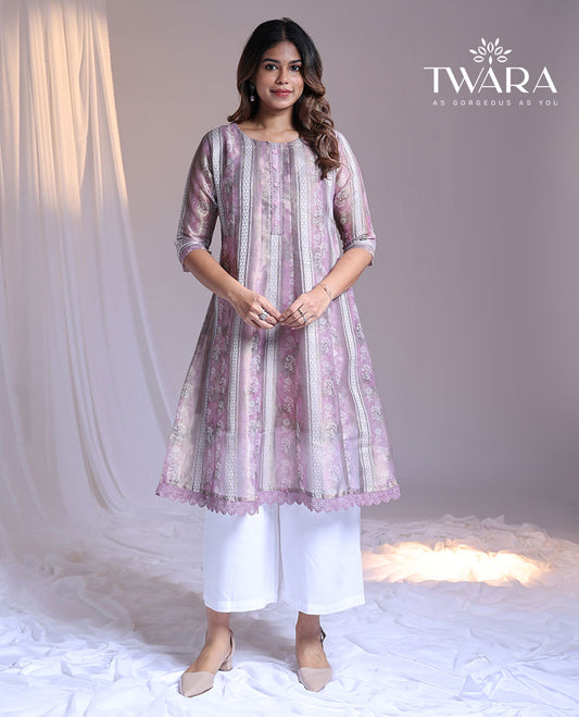 Twara pink intricate floral printed round-neck & 3/4th sleeve below-knee kurti